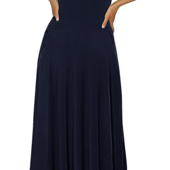 Tops - Women's Summer Sleeveless Flared Midi Dress with Pockets Casual T-Shirt